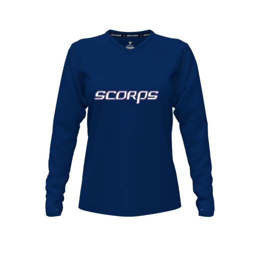 [CUS-DFW-TEES-PER-VNK-LSL-NVY-FYXS-LOGO2] Decker Performance T-Shirt (Female Youth XS, Navy, V Neck, Logo 2, Long Sleeve)